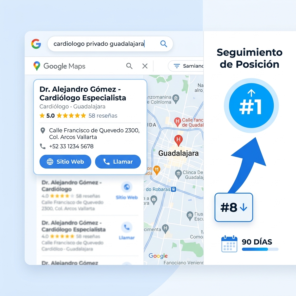 Google Maps mostrando clínica médica en el primer resultado local de Guadalajara tras estrategia SEO