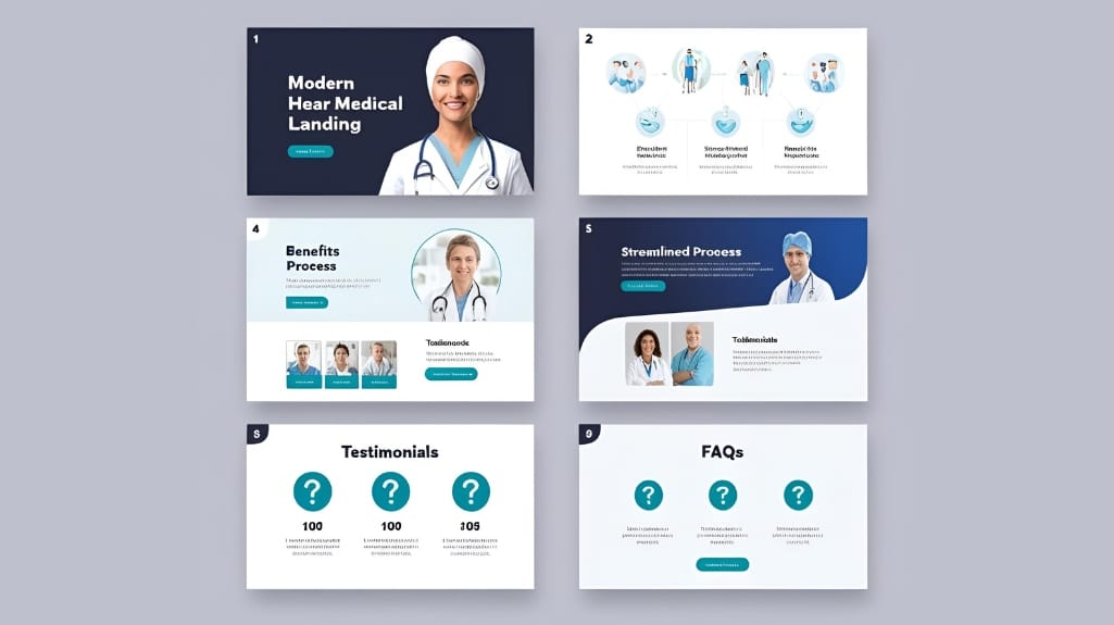 Diagrama de estructura de landing page de tratamiento médico con secciones clave